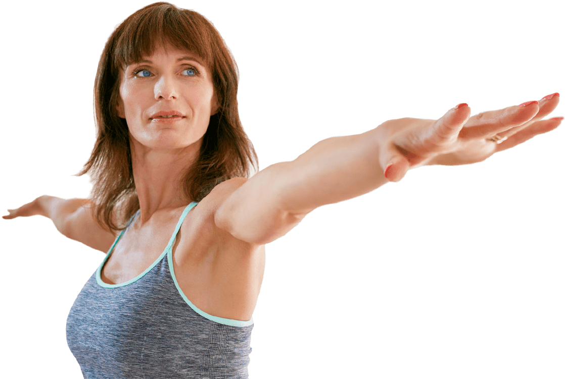 woman smiling and stretching